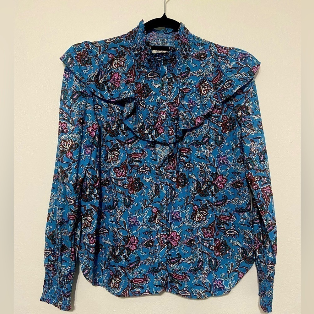 Loft women's XS ruffle detail paisley print button down w/ gathered sleeves EUC